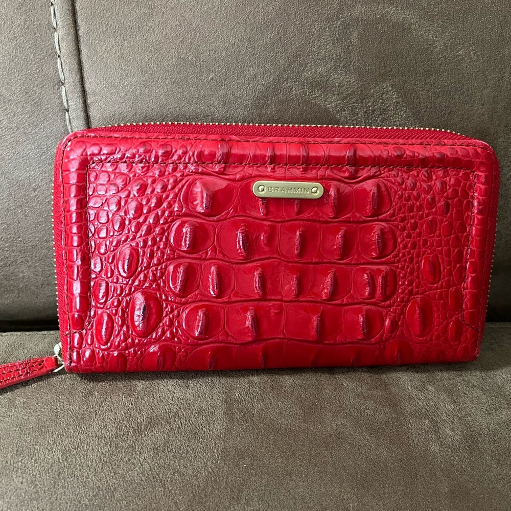 Brahmin Suri Zip Around Red Croc Embossed Leather Wallet